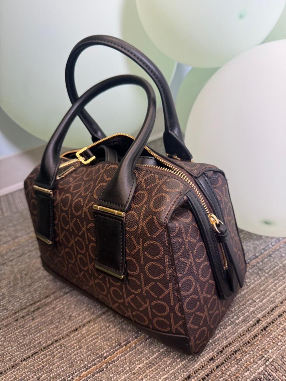 Calvin Klein Brown Monogram Satchel with Black Trim